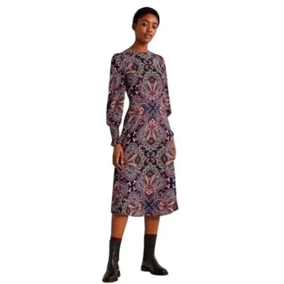 New! Boden Blue Botanic Paisley Smocked Cuff Midi Dress Size 12R 36068 - Picture 16 of 16